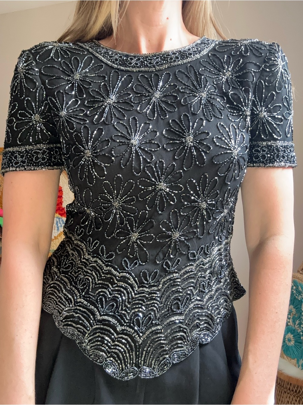 Vintage Black Beaded Floral Short-Sleeve Top